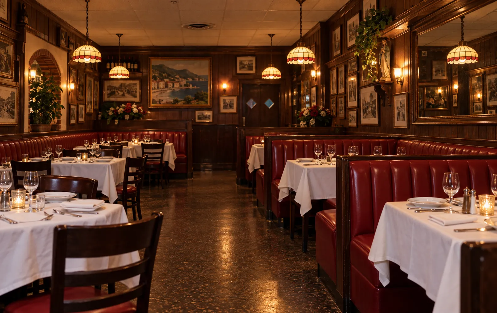 Dim mid-century Italian-American dining room with red leather banquettes, white tablecloths set with wine glasses, dark timber panelling and framed pictures crowding the walls