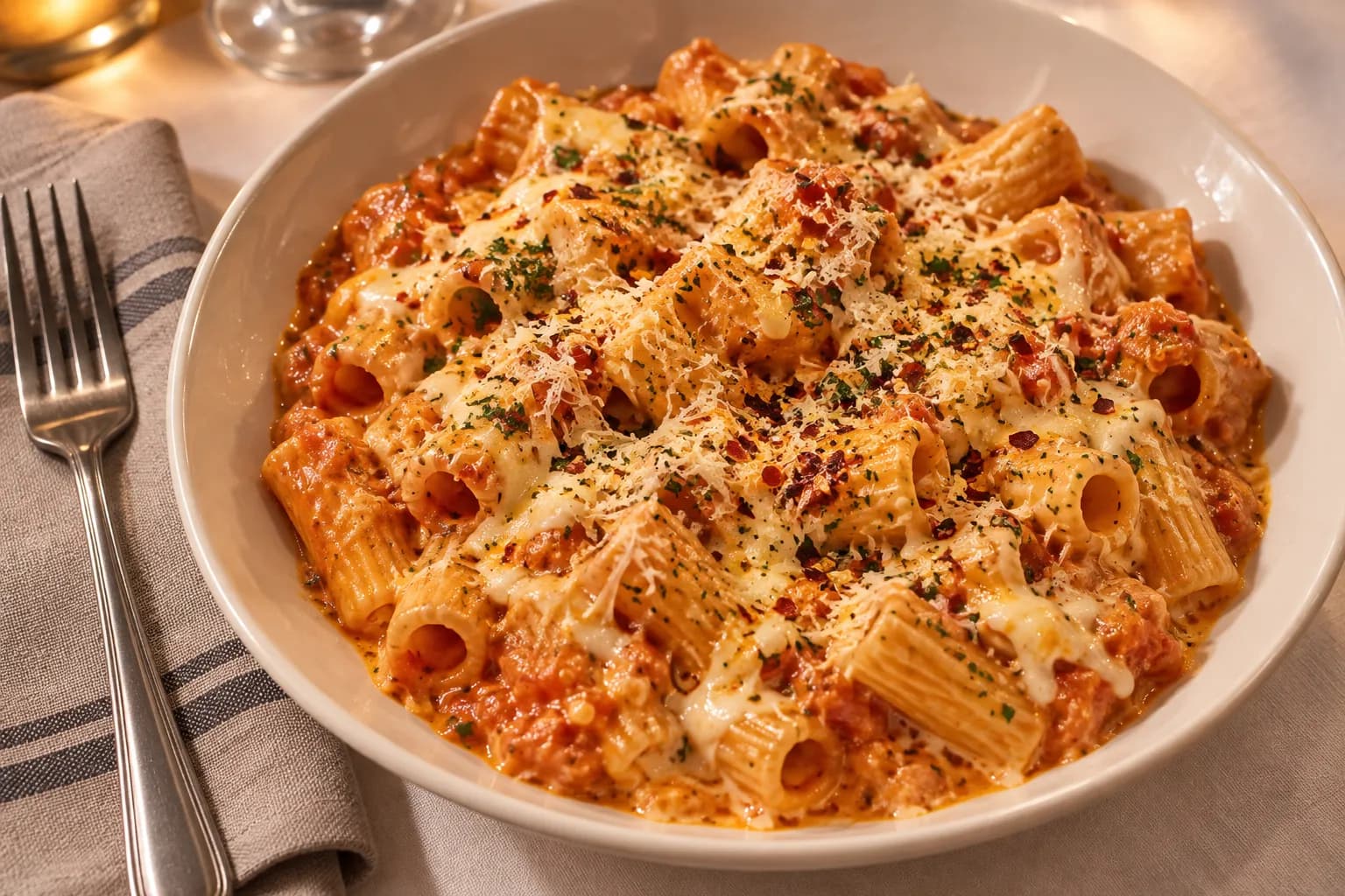 Rigatoni in a glossy orange tomato-cream sauce in a shallow white bowl, tubes standing up in the sauce with grated cheese and chilli flakes on top