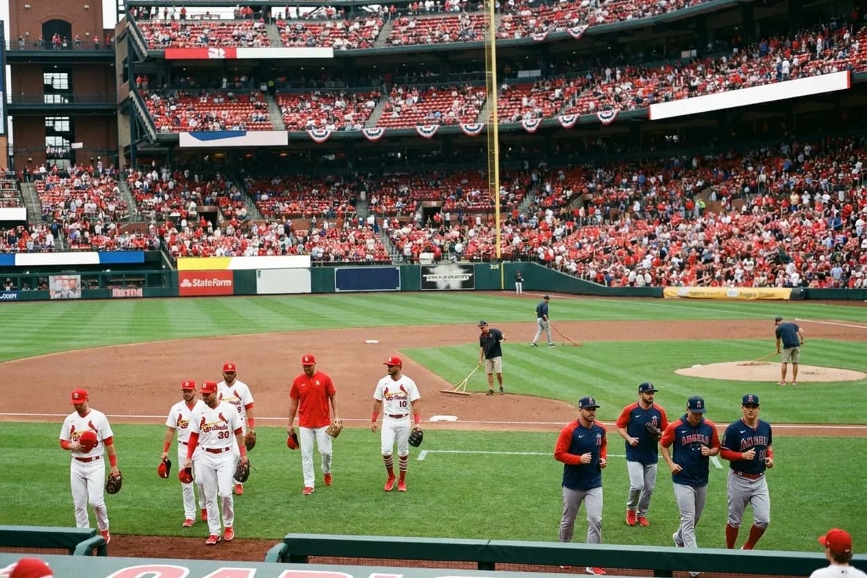 Baseball editorial scene for Cardinals vs Angels: Pitching, Hitting, and Game Strategy