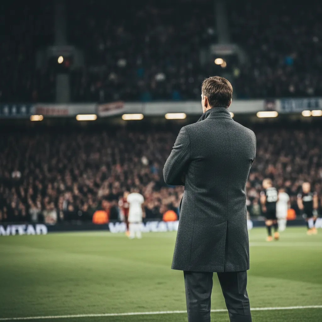 A soccer manager watches from the touchline during a World Cup night match