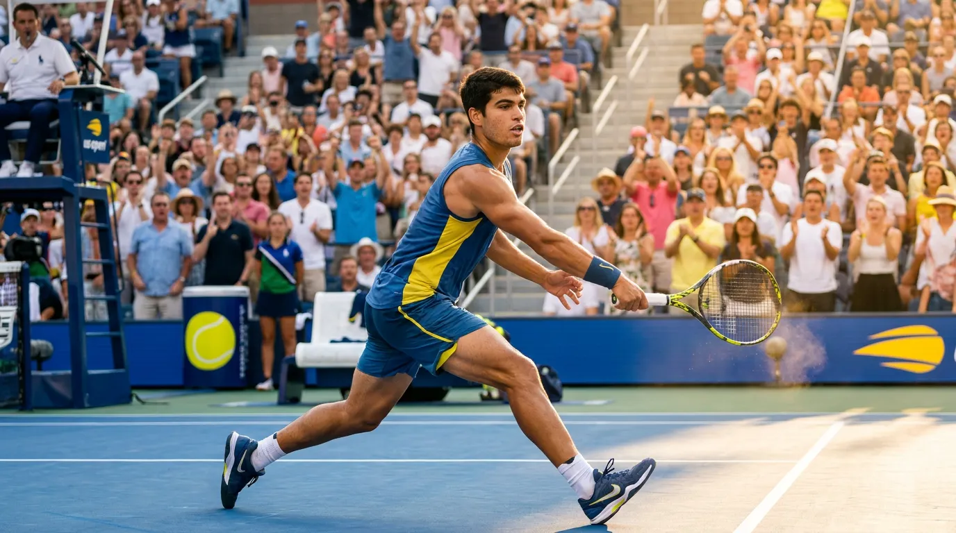 A Carlos Alcaraz-inspired player drives a forehand on a bright blue hard court before a cheering crowd.