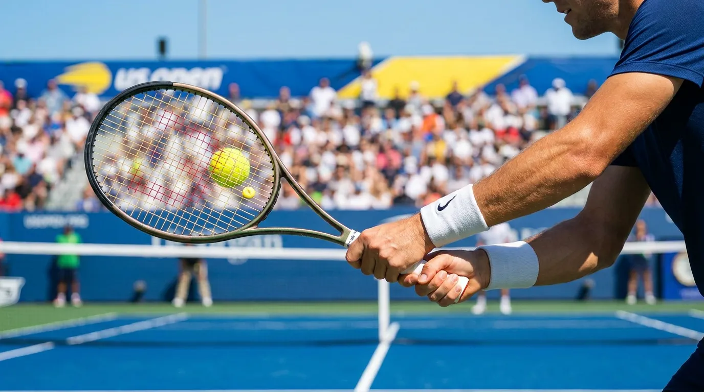 Close-up of a tennis player warming up the wrist and racket on a sunlit US Open-style court.