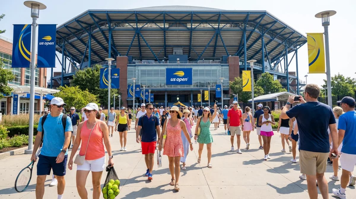 Fans arrive outside Arthur Ashe Stadium during a bright, energetic US Open day.