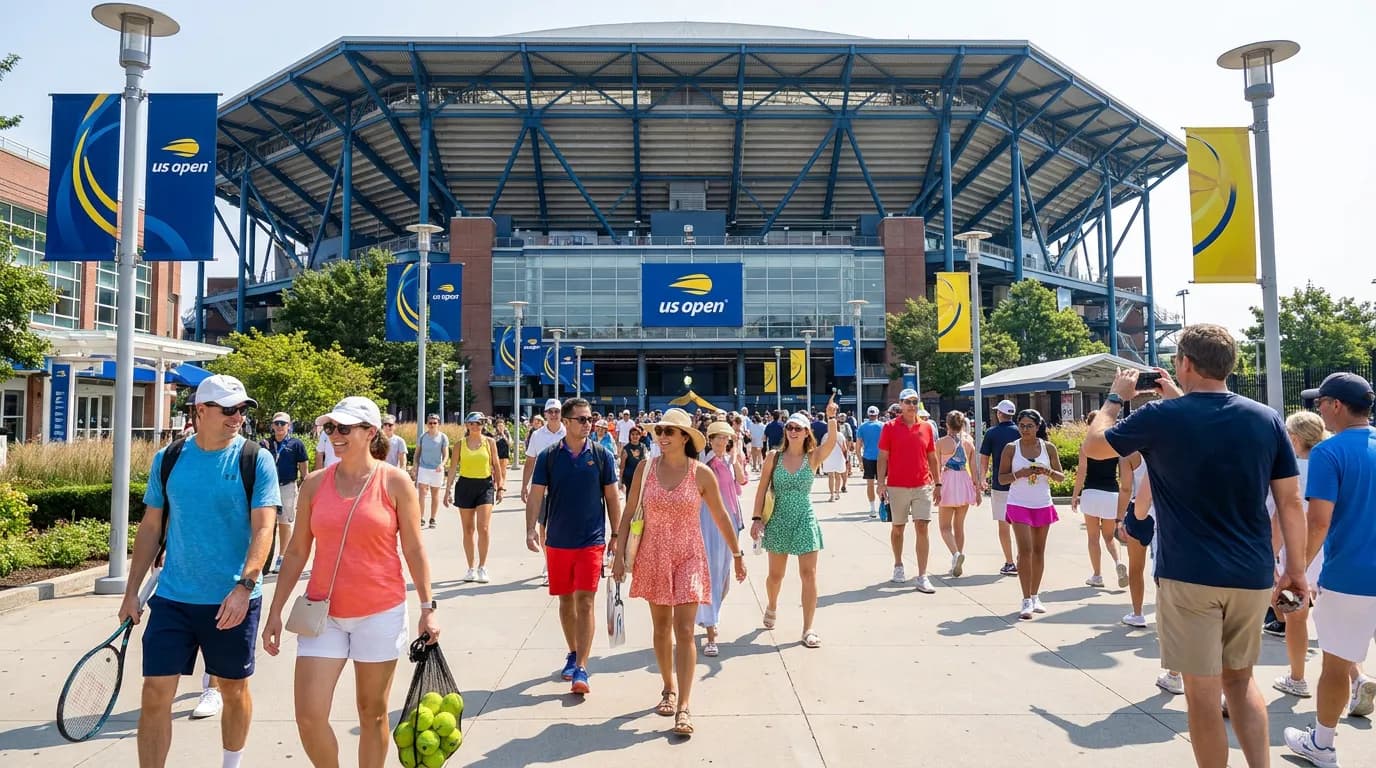 Fans arrive outside Arthur Ashe Stadium during a bright, energetic US Open day.