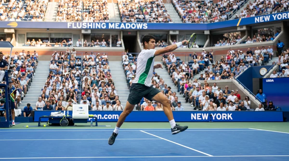 Photorealistic US Open tennis scene for Carlos Alcaraz’s Best US Open Matches and Winning Patterns.