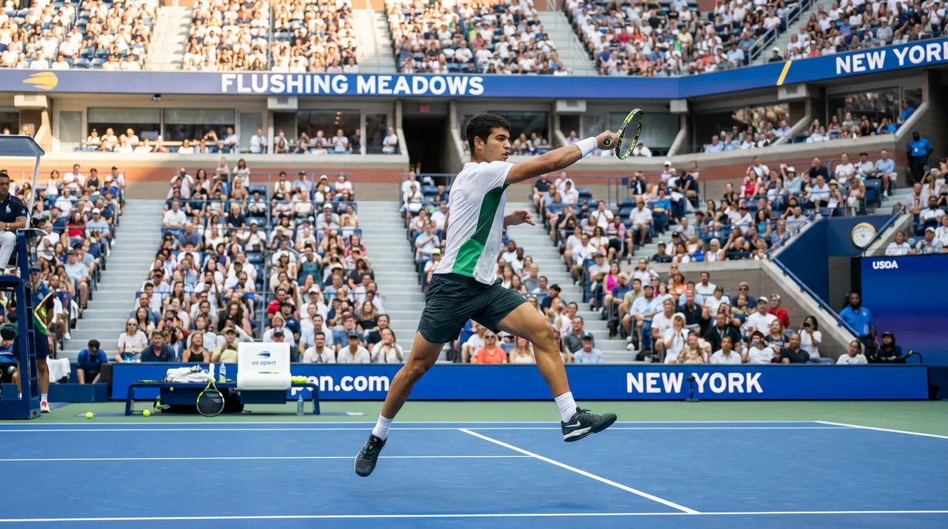 Photorealistic US Open tennis scene for Carlos Alcaraz’s Best US Open Matches and Winning Patterns.