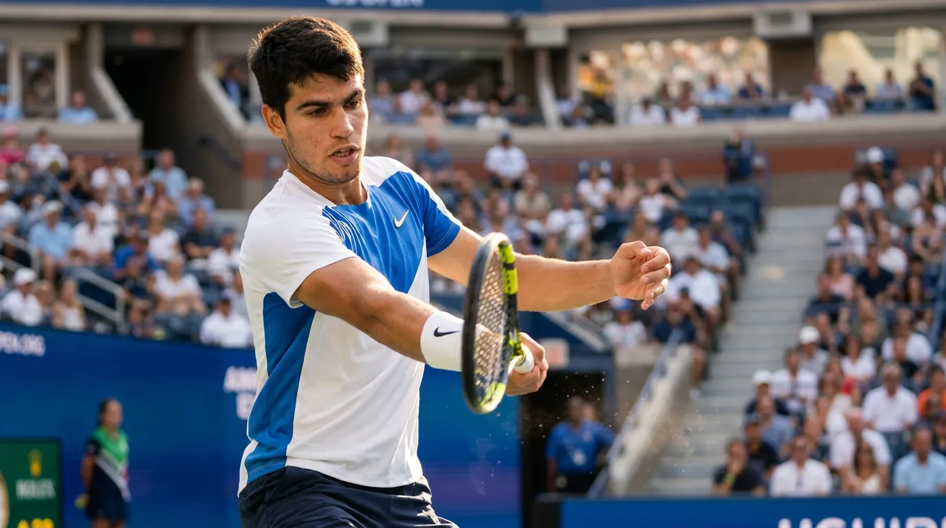 Photorealistic tennis scene illustrating Carlos Alcaraz’s Best US Open Matches and Winning Patterns.