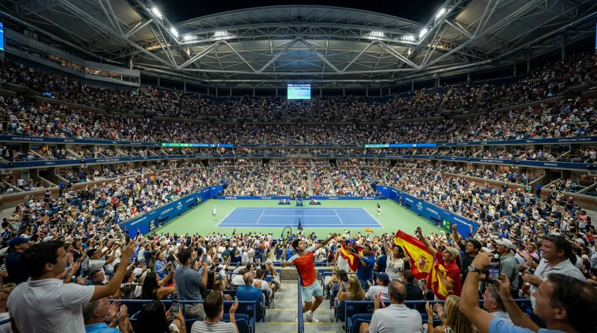 Bright US Open tennis atmosphere illustrating Carlos Alcaraz’s Best US Open Matches and Winning Patterns.