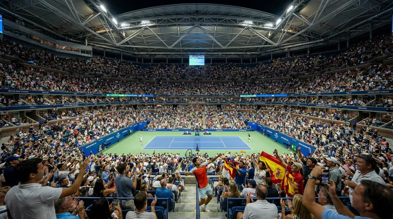 Bright US Open tennis atmosphere illustrating Carlos Alcaraz’s Best US Open Matches and Winning Patterns.