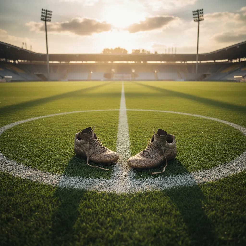 A pair of well-worn soccer boots sits at the center spot of a pristine green pitch