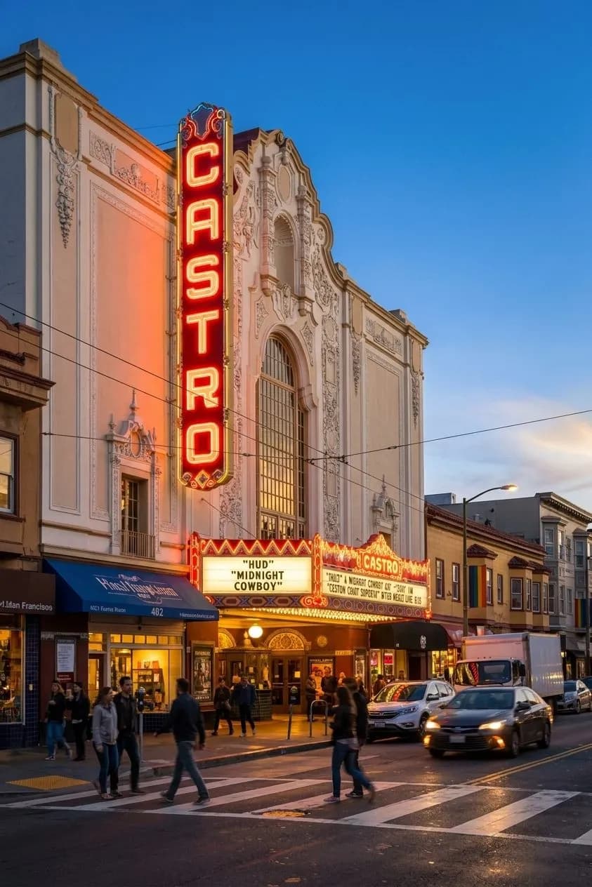 Castro Theatre glowing at dusk with pedestrians on the sidewalk