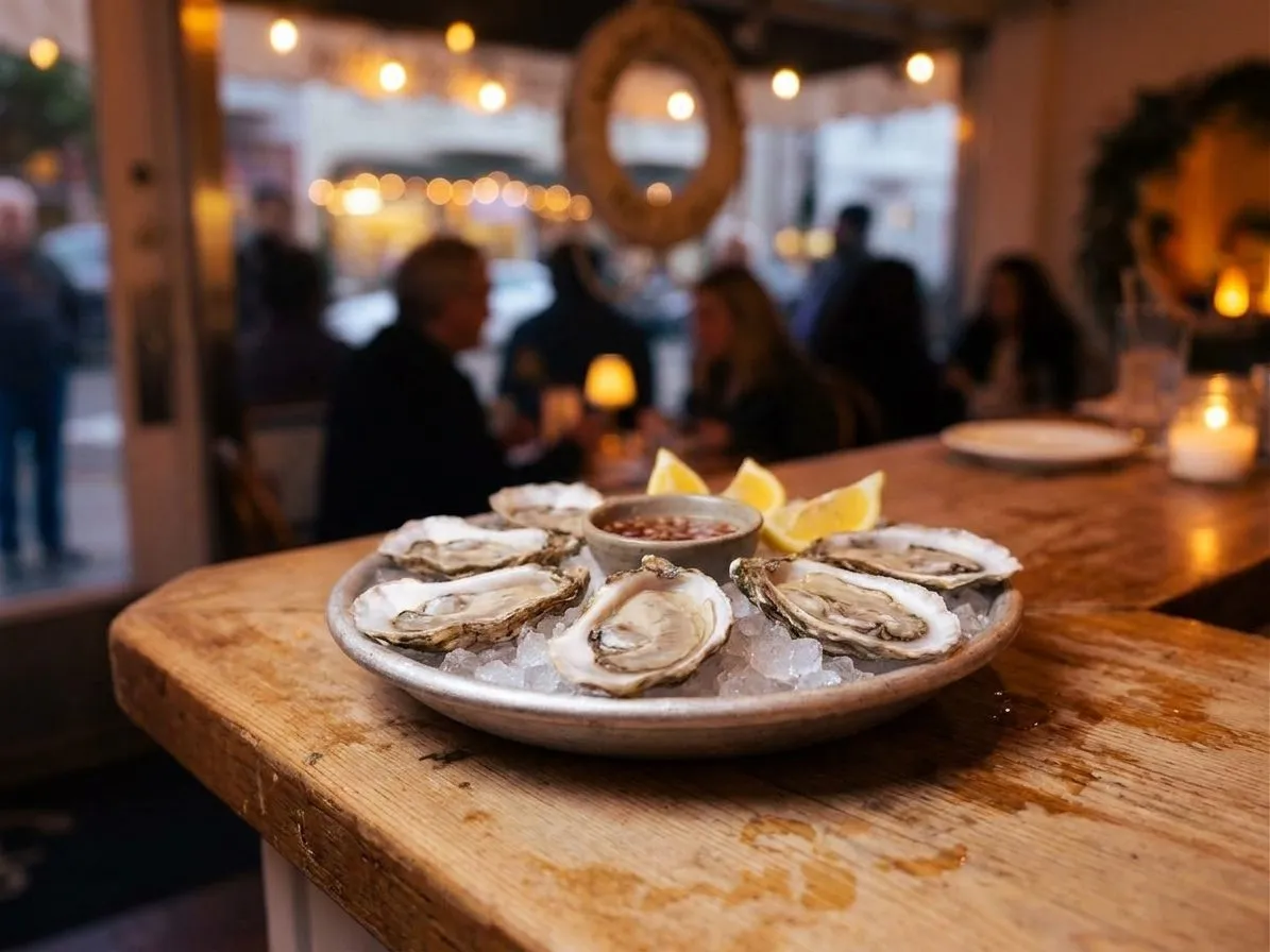 A small plate of oysters and lemon on a counter at a seafood restaurant
