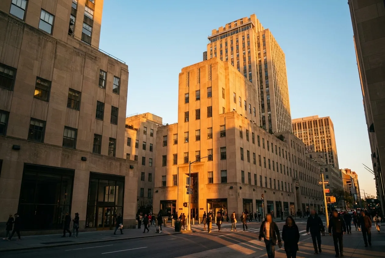 Art Deco facade of Rockefeller Plaza at golden hour with pedestrians on 50th Street in Midtown Manhattan