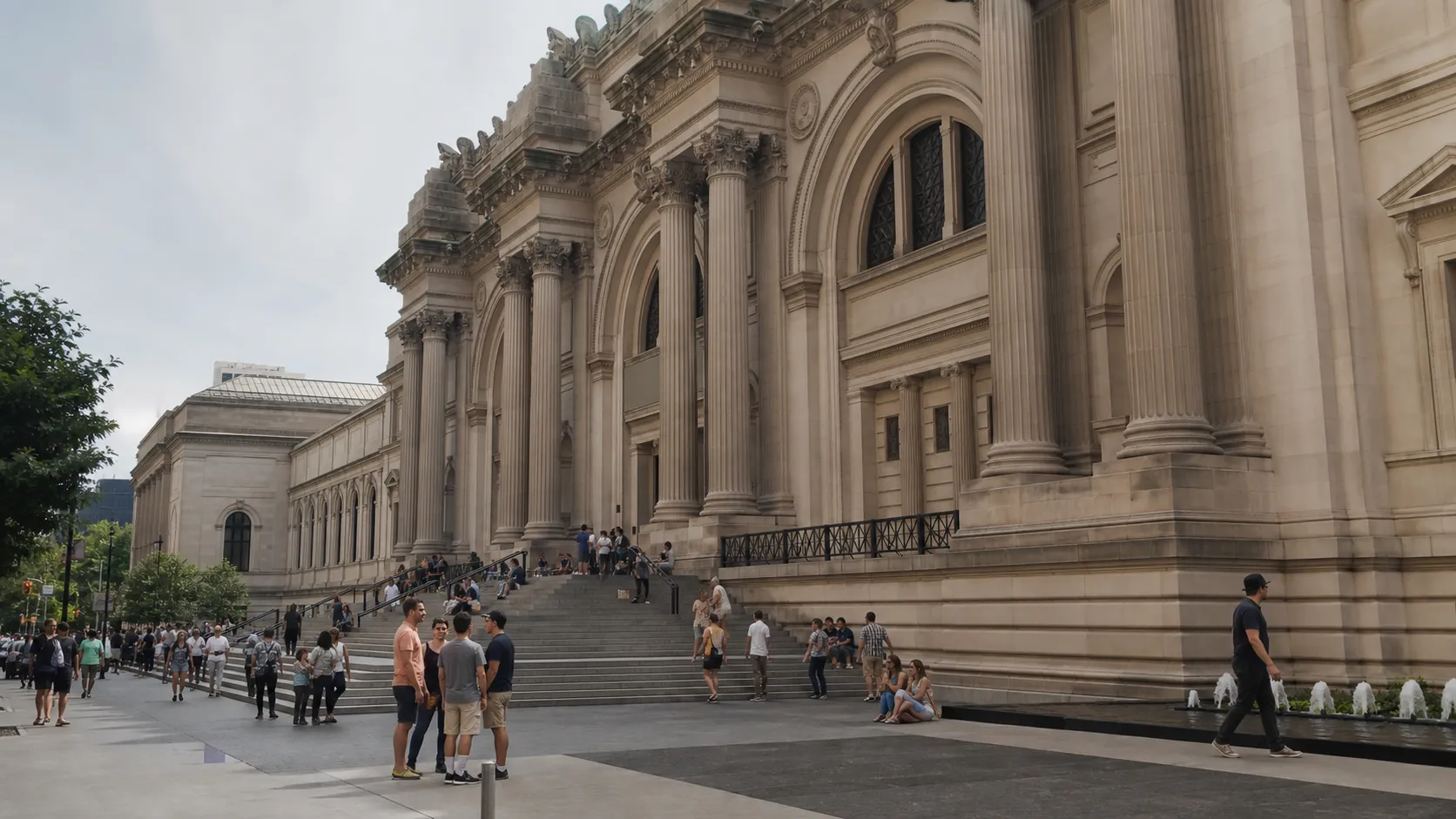 The Metropolitan Museum of Art exterior with visitors on the steps in daylight.