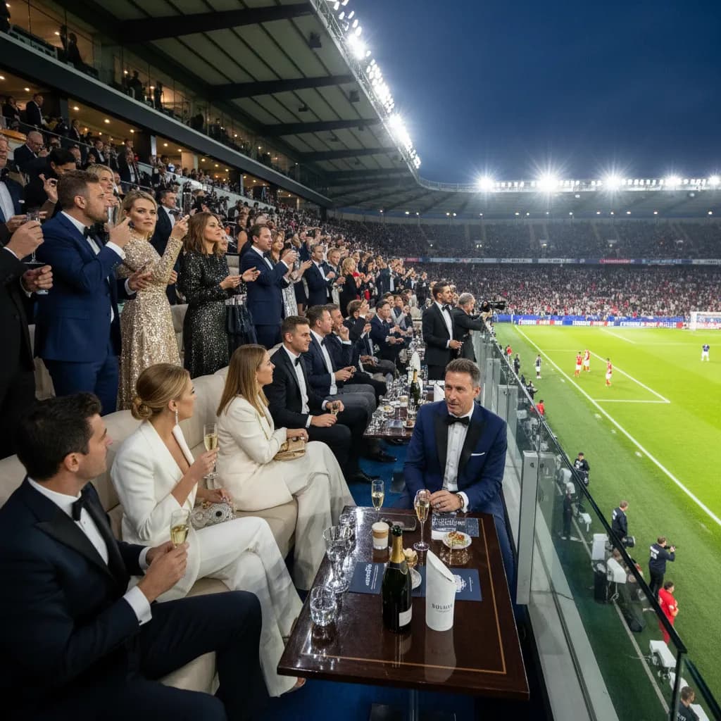 A glamorous VIP box packed with spectators at a World Cup 2026 match