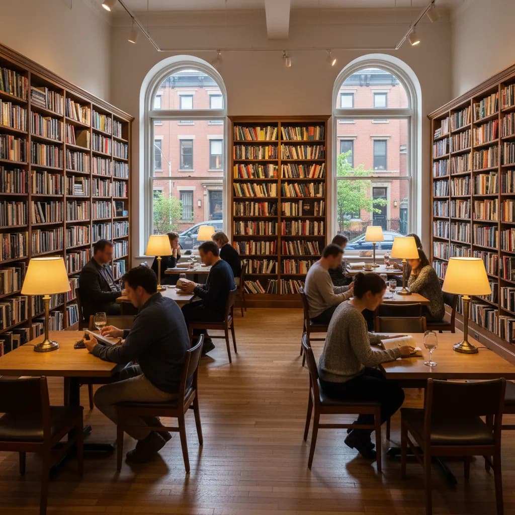 Editorial-style realistic scene inspired by Center for Fiction in New York.