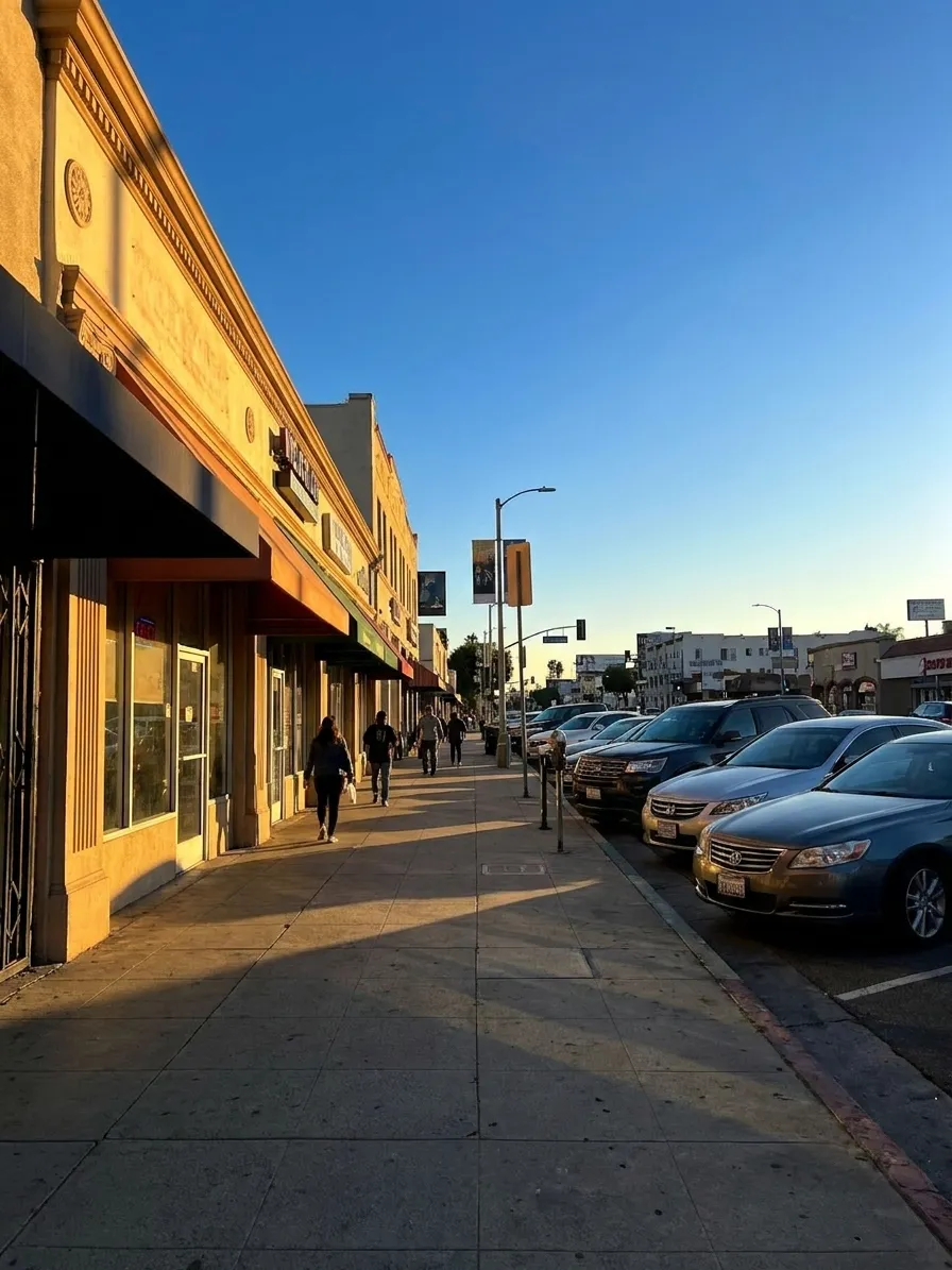West Pico Boulevard storefronts in West Los Angeles showing street parking and pedestrian access