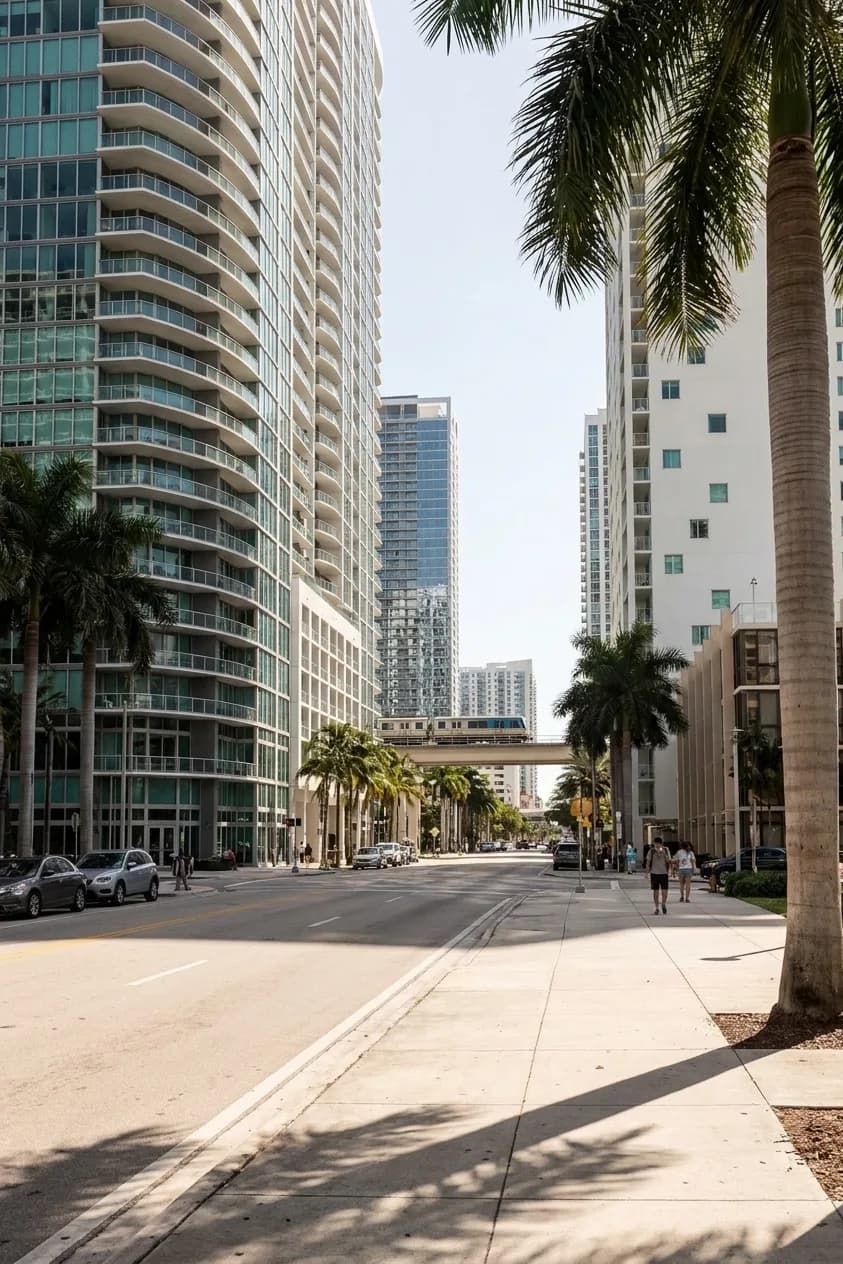 A downtown Miami avenue of glass towers and palms at midday