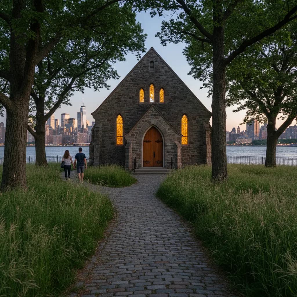 Editorial-style realistic scene inspired by Chapel of the Good Shepherd in New York.