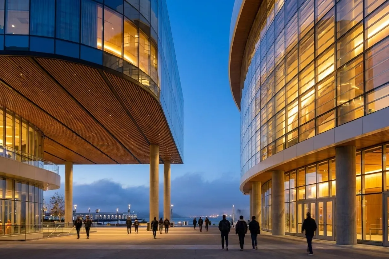 Chase Center's curved glass facade and Thrive City plaza at dusk with waterfront in background