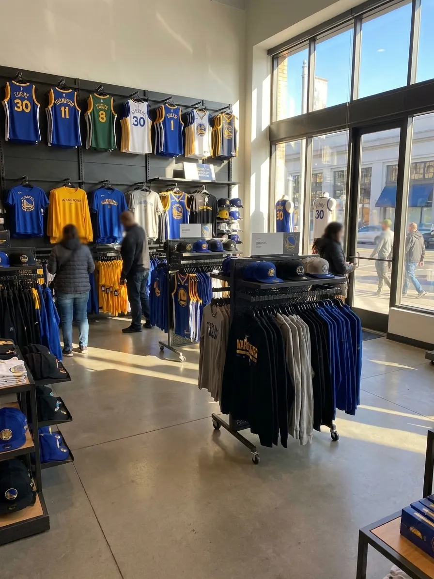 Warriors Shop interior with jerseys on display and Nike apparel racks