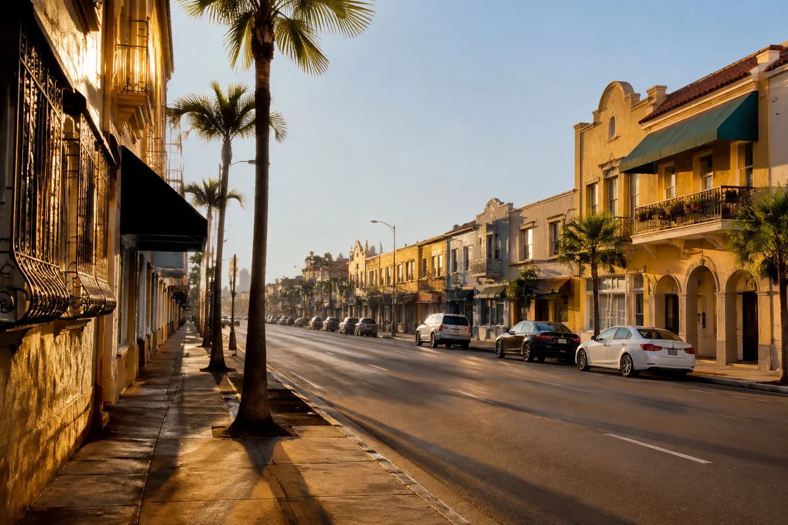 Calle Ocho in Little Havana during early morning light with storefronts and palm shadows