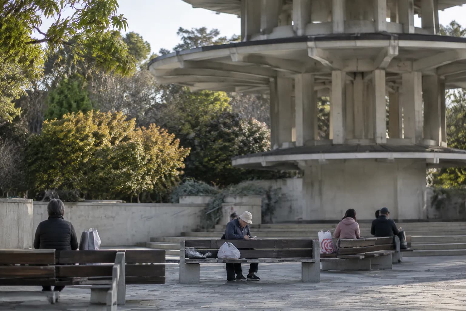 Peace Plaza pagoda and benches in San Francisco's Japantown during morning hours