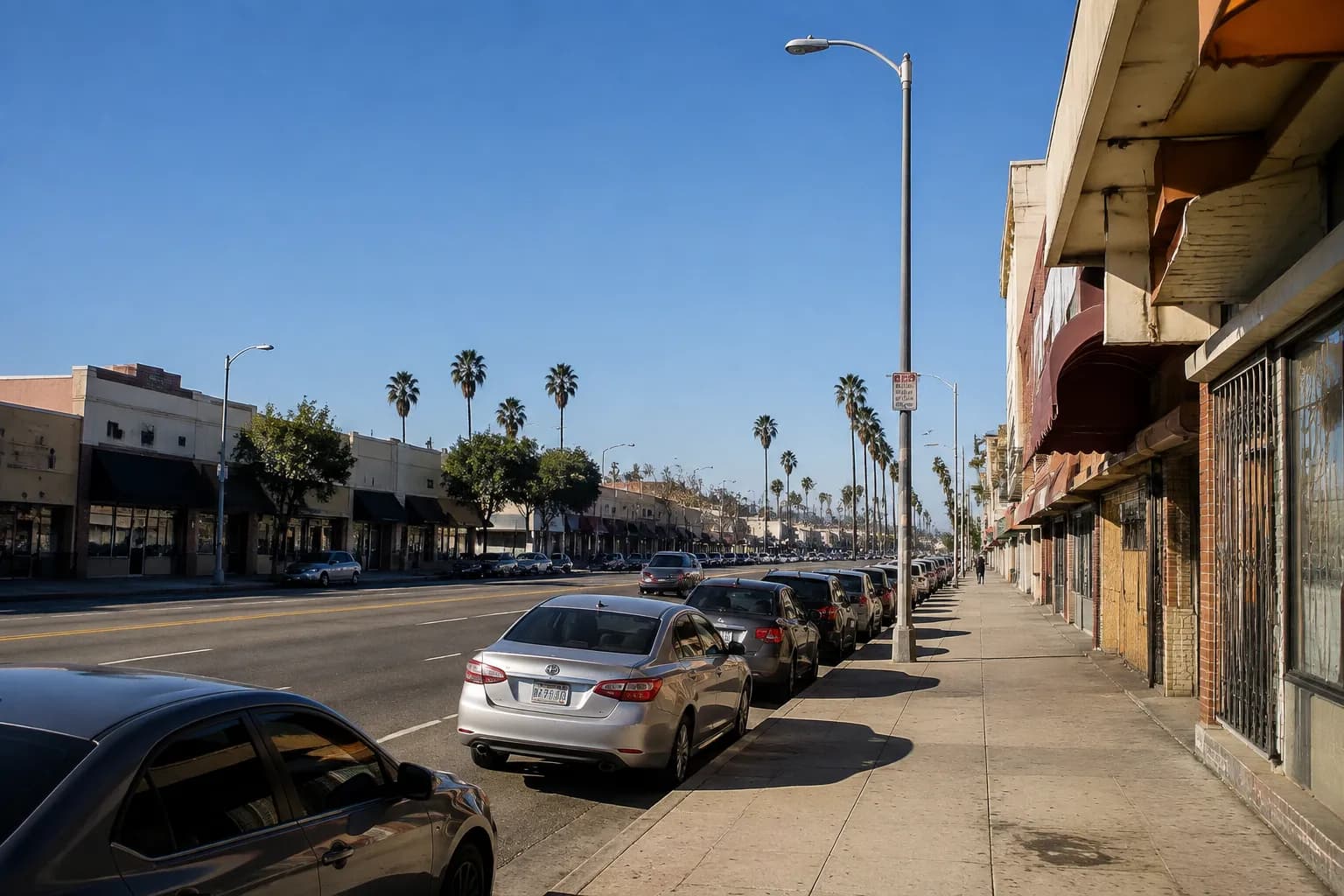 Crenshaw Boulevard in Leimert Park on a clear morning, showing storefronts and parked cars along the street