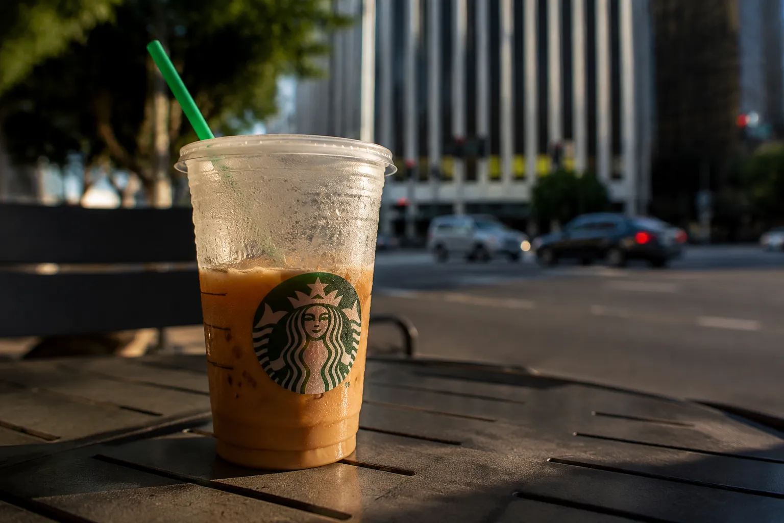 Starbucks drink on an outdoor cafe table in Los Angeles with blurred street traffic in the background