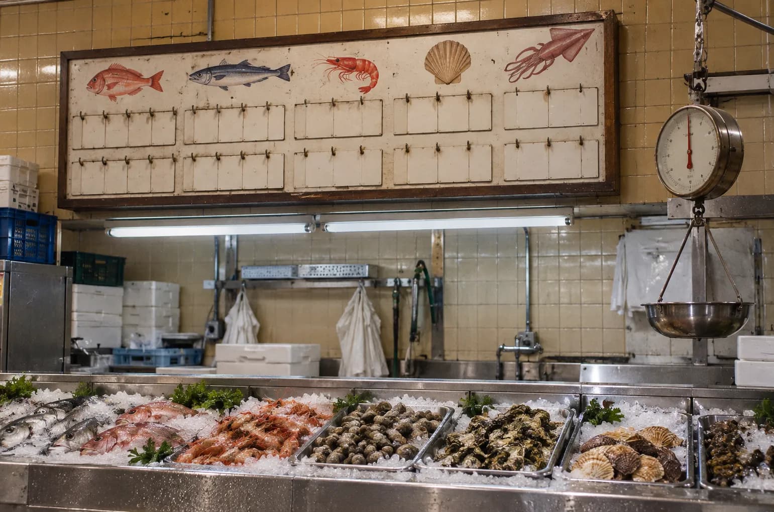 A handwritten price board above a seafood counter listing fish and shellfish by the pound