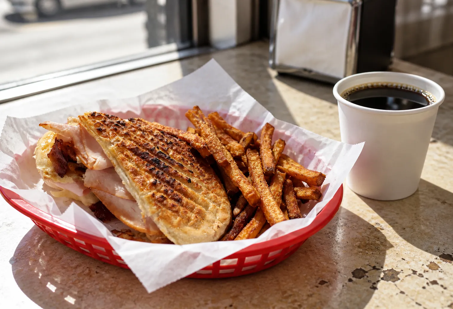 A paper tray holding half a pressed Cuban sandwich beside a small cup of dark coffee on a counter