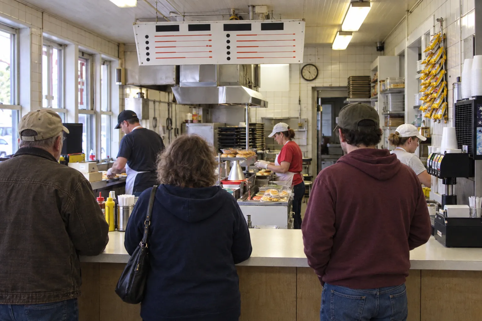 A busy neighbourhood sandwich counter with a menu board above and people ordering at the till