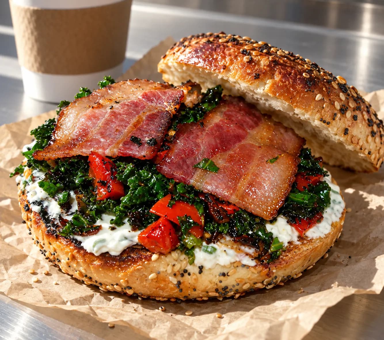 A split bagel loaded with cream cheese, roasted peppers and thick bacon, held together in paper on a counter
