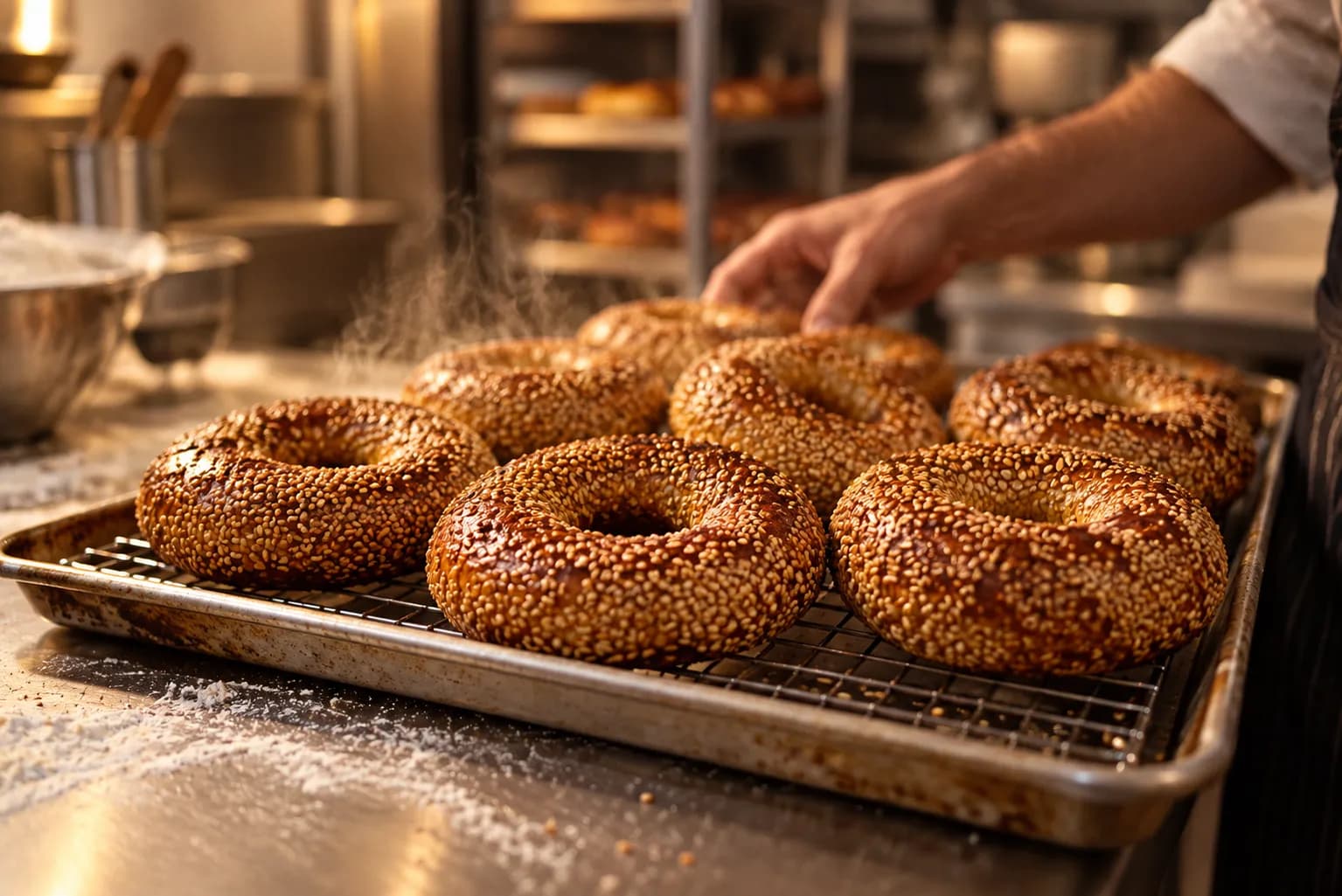 A tray of freshly baked bagels cooling on a rack in a small bakery kitchen, steam still rising