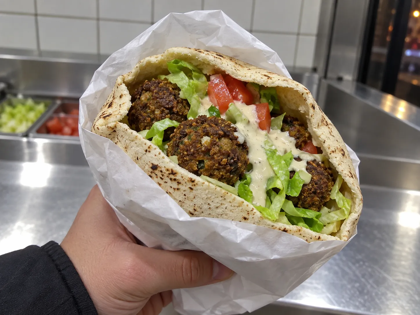 A falafel sandwich in pita wrapped in paper, split to show fried chickpea balls, salad and tahini sauce