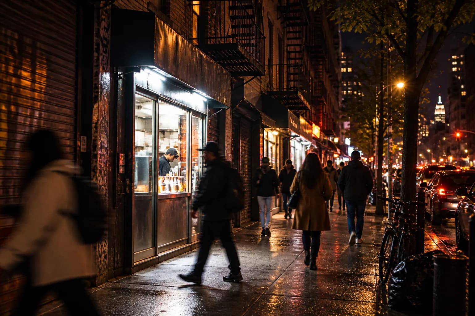 A narrow shopfront on a busy downtown street at night, its window glowing, with people passing on the pavement