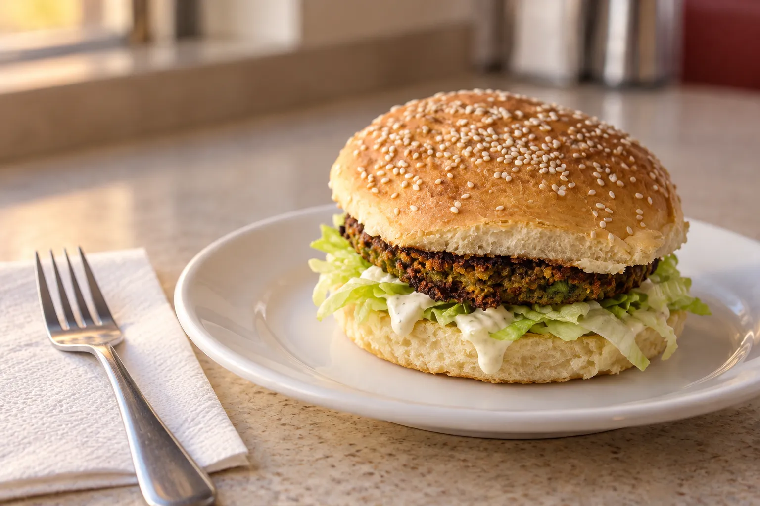 A compact veggie burger in a soft bun with a thick dark patty, lettuce and sauce, on a plain plate
