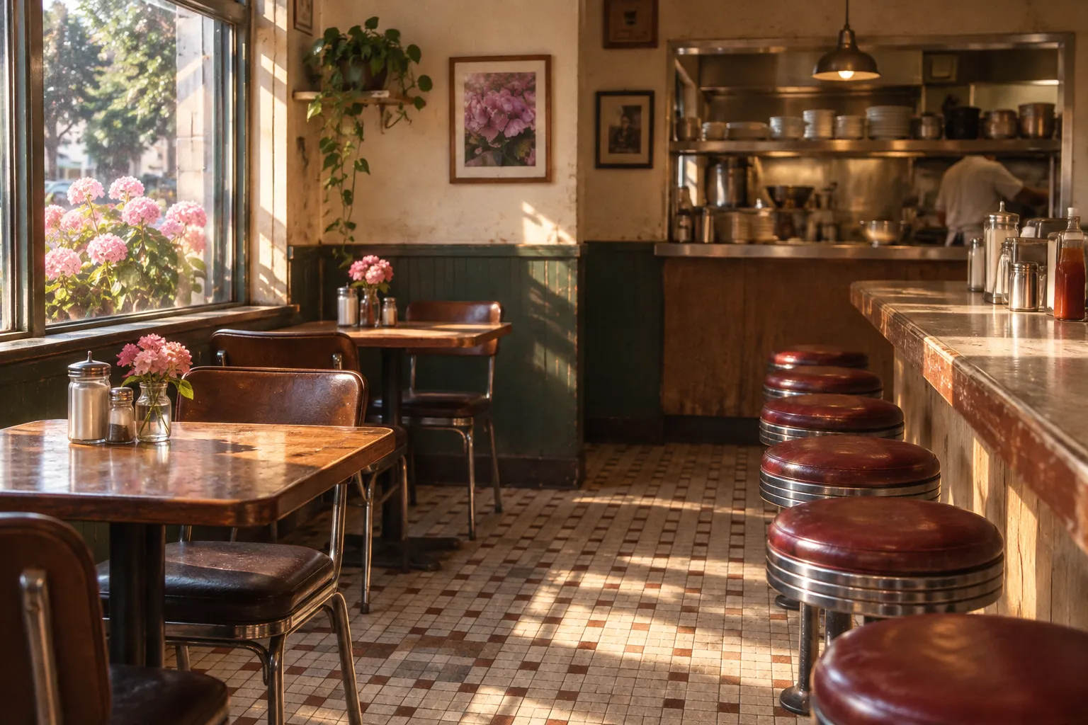 A small diner-style dining room with a counter, stools, a tiled floor and light coming through a corner window