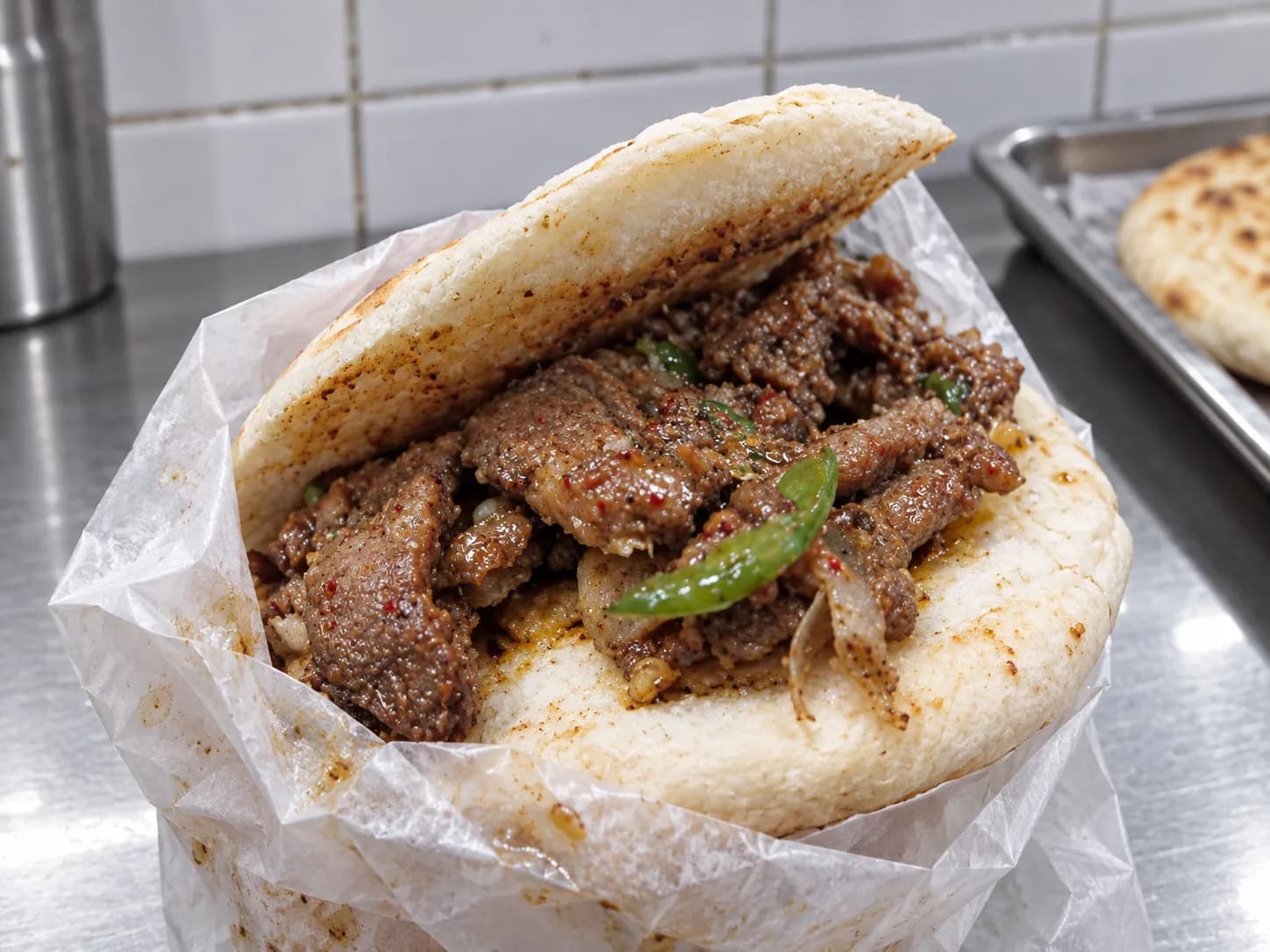 A flat baked bread bun split and filled with chopped spiced lamb, held in wax paper on a counter