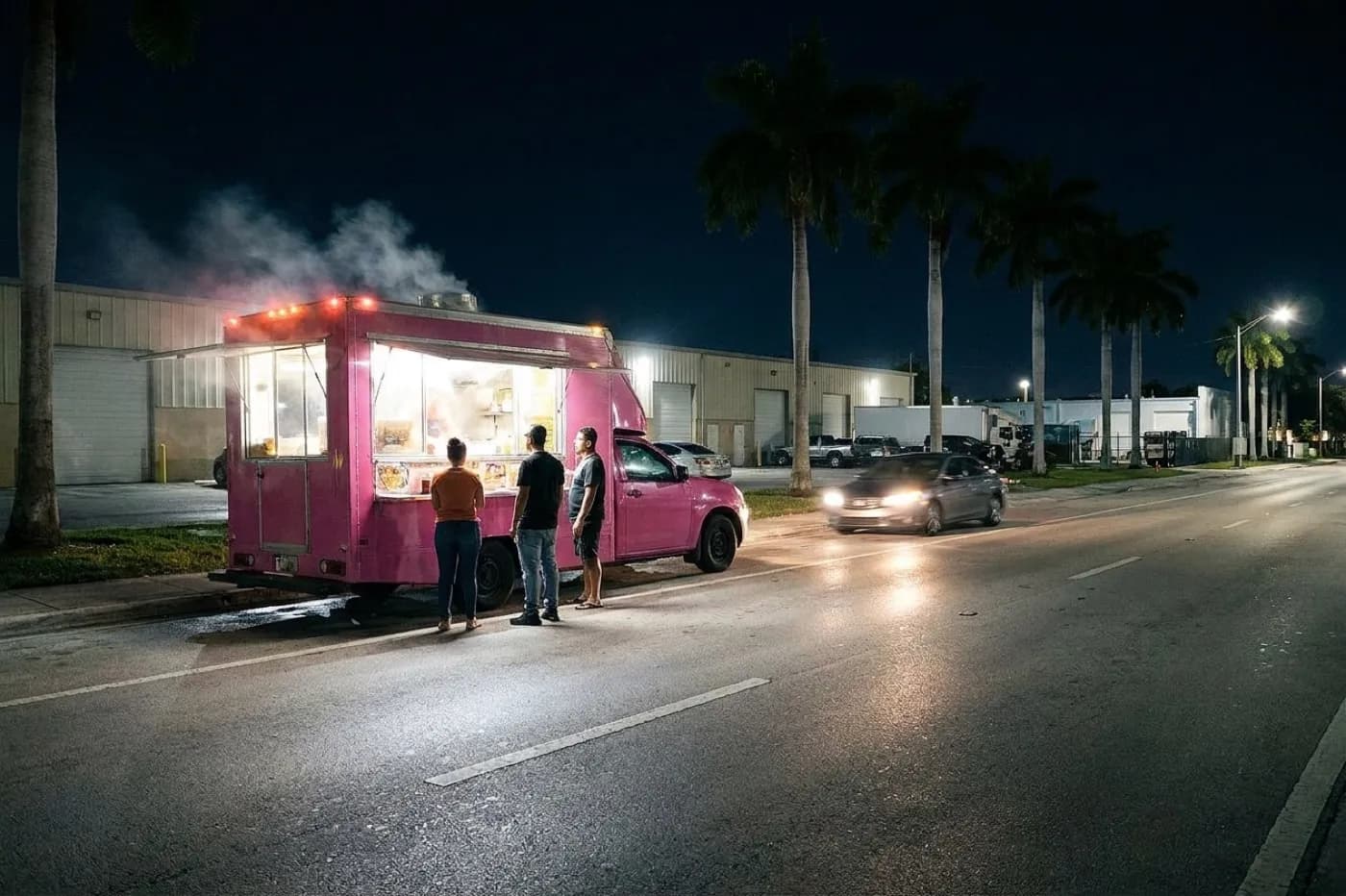 A lit food truck parked on a wide Miami street at night with a serving window, a small queue and warehouse buildings behind