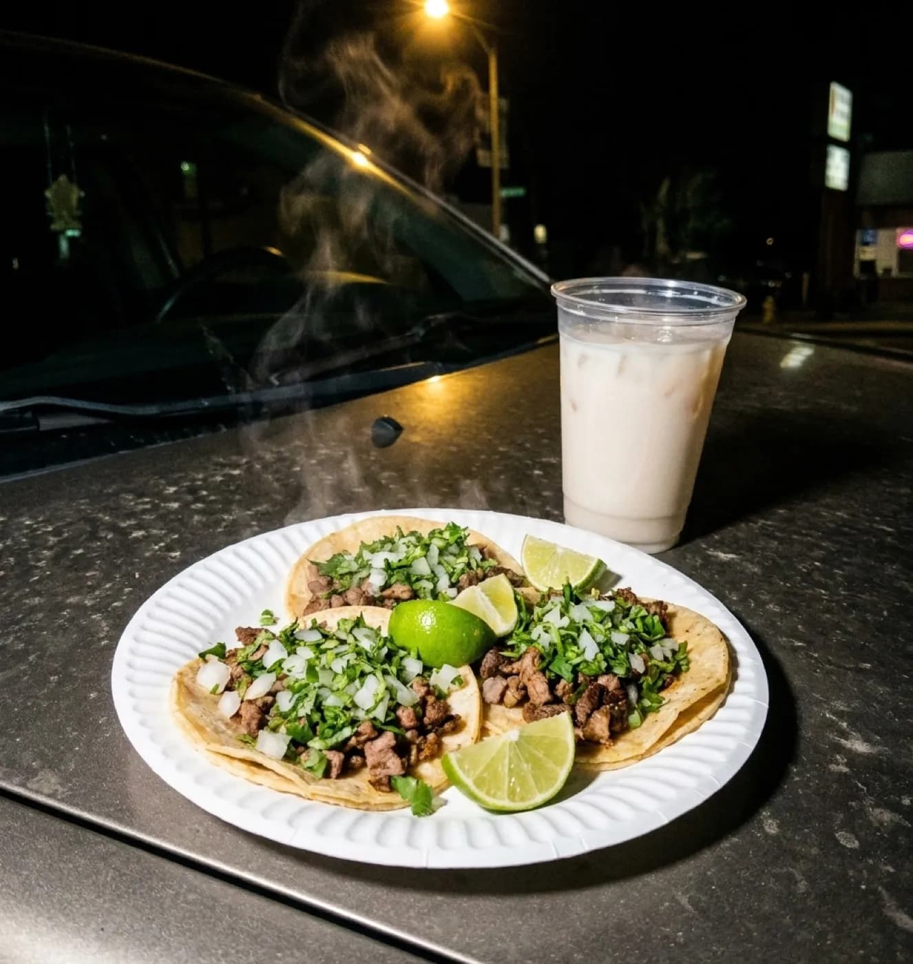 A paper plate of tacos with lime wedges and a plastic cup of horchata on the bonnet of a car under streetlight