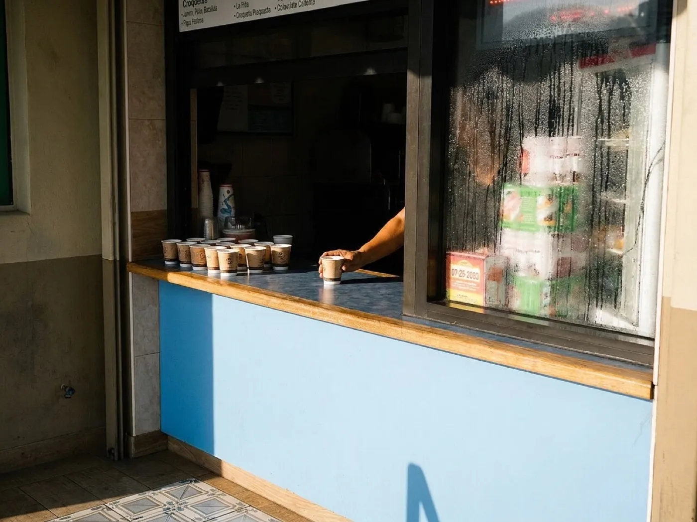 A ventanita walk-up window on a Miami street with a small counter ledge, a row of paper cups and a hand passing coffee through