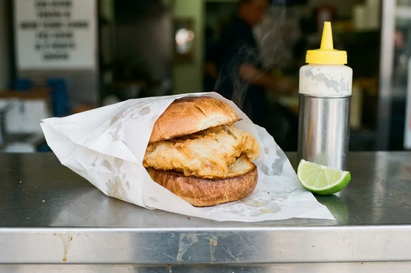 A fried fish sandwich on a soft roll wrapped in paper, held over a counter with a squeeze bottle of sauce beside it