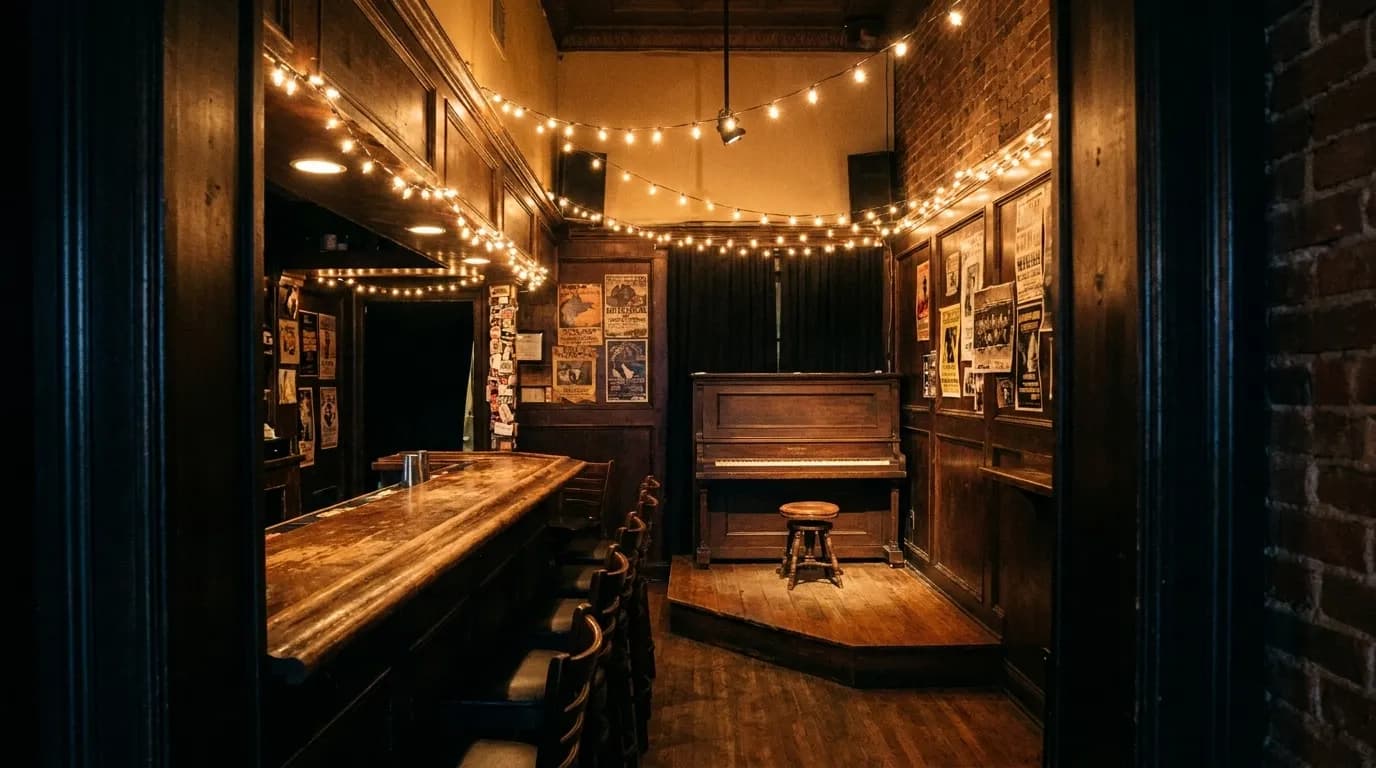 A narrow bar room with a low stage in the corner, string lights overhead and a few empty stools