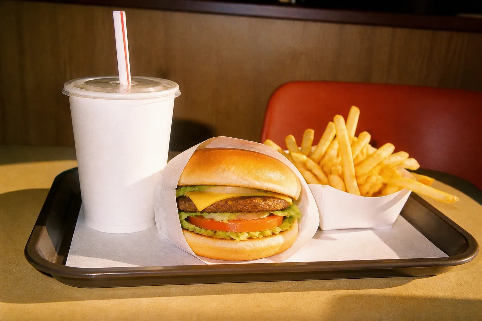 A value meal with fries and a drink arranged on a fast food tray