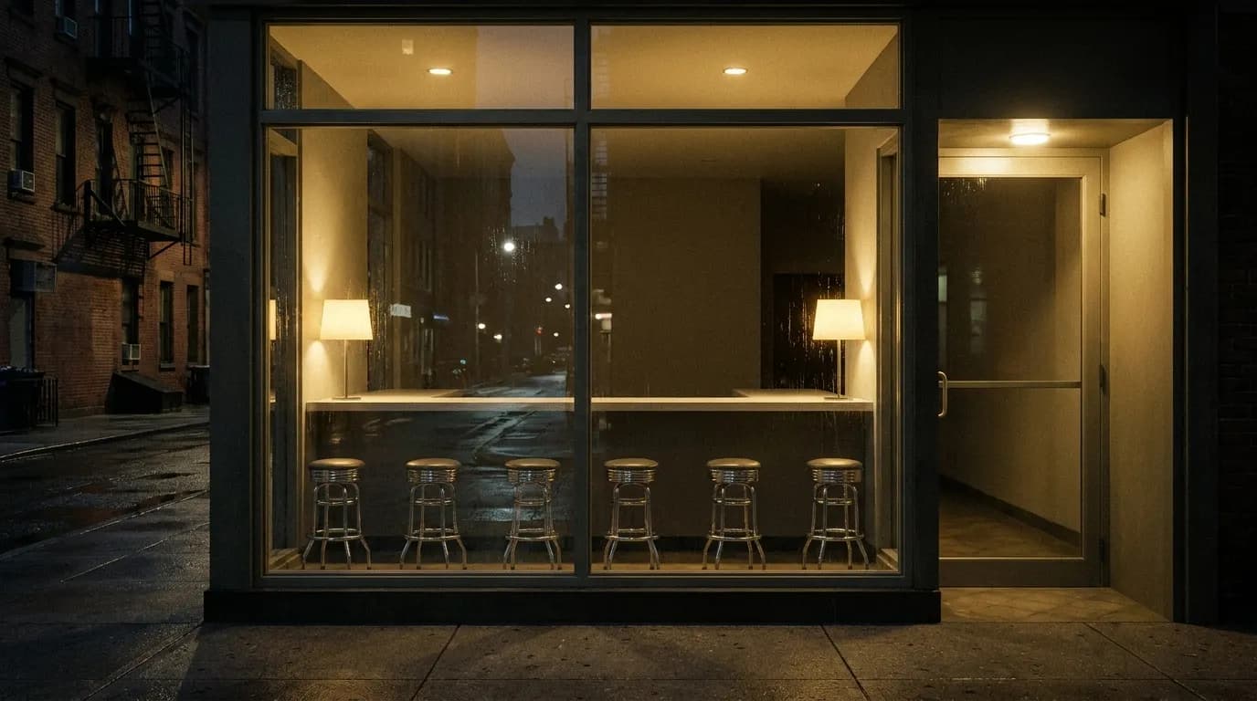 A late-night counter seen through a window with stools, a menu board and one lit doorway