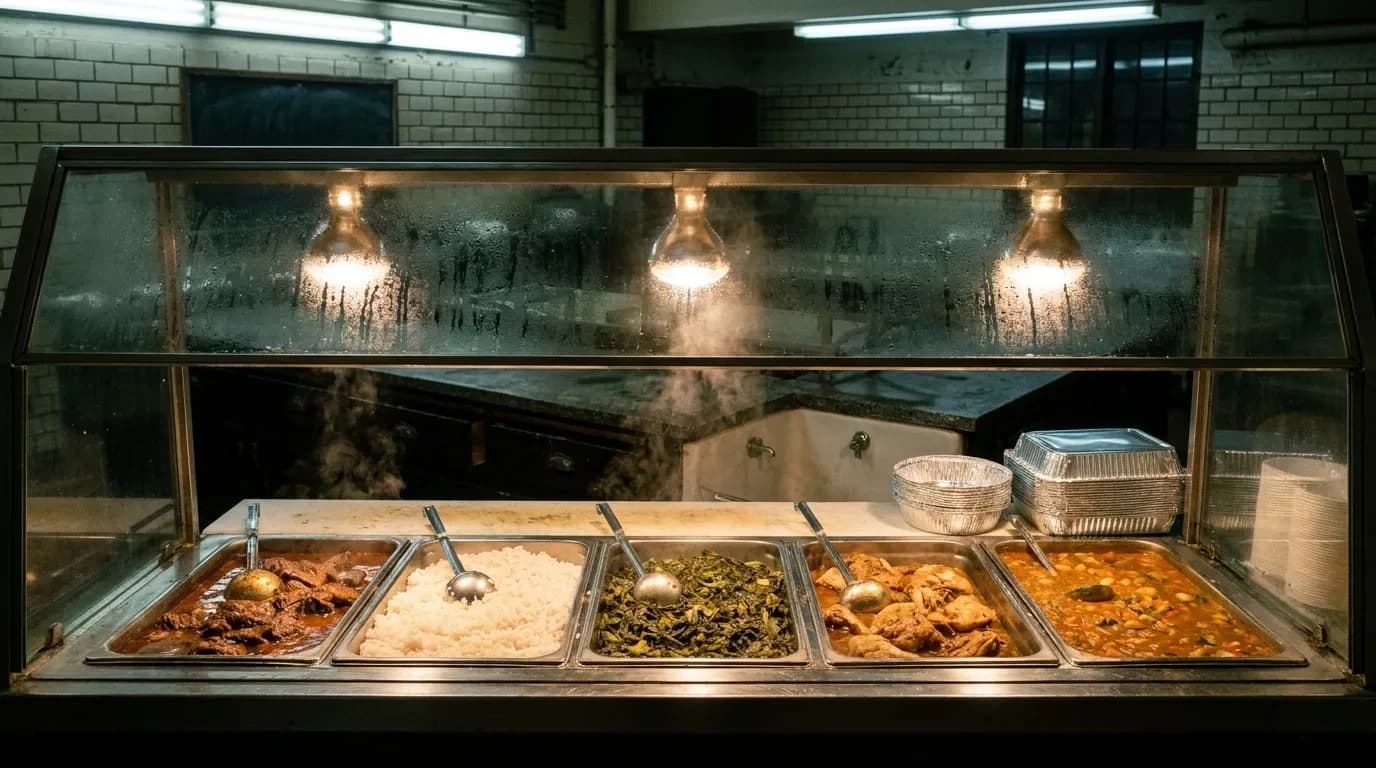 A steam table behind glass with metal trays of rice and stew under warming lamps