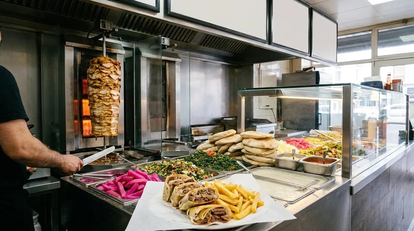 A shawarma spit turning behind a takeaway counter, stacked pita and steel trays of salad and pickles in front under bright counter light