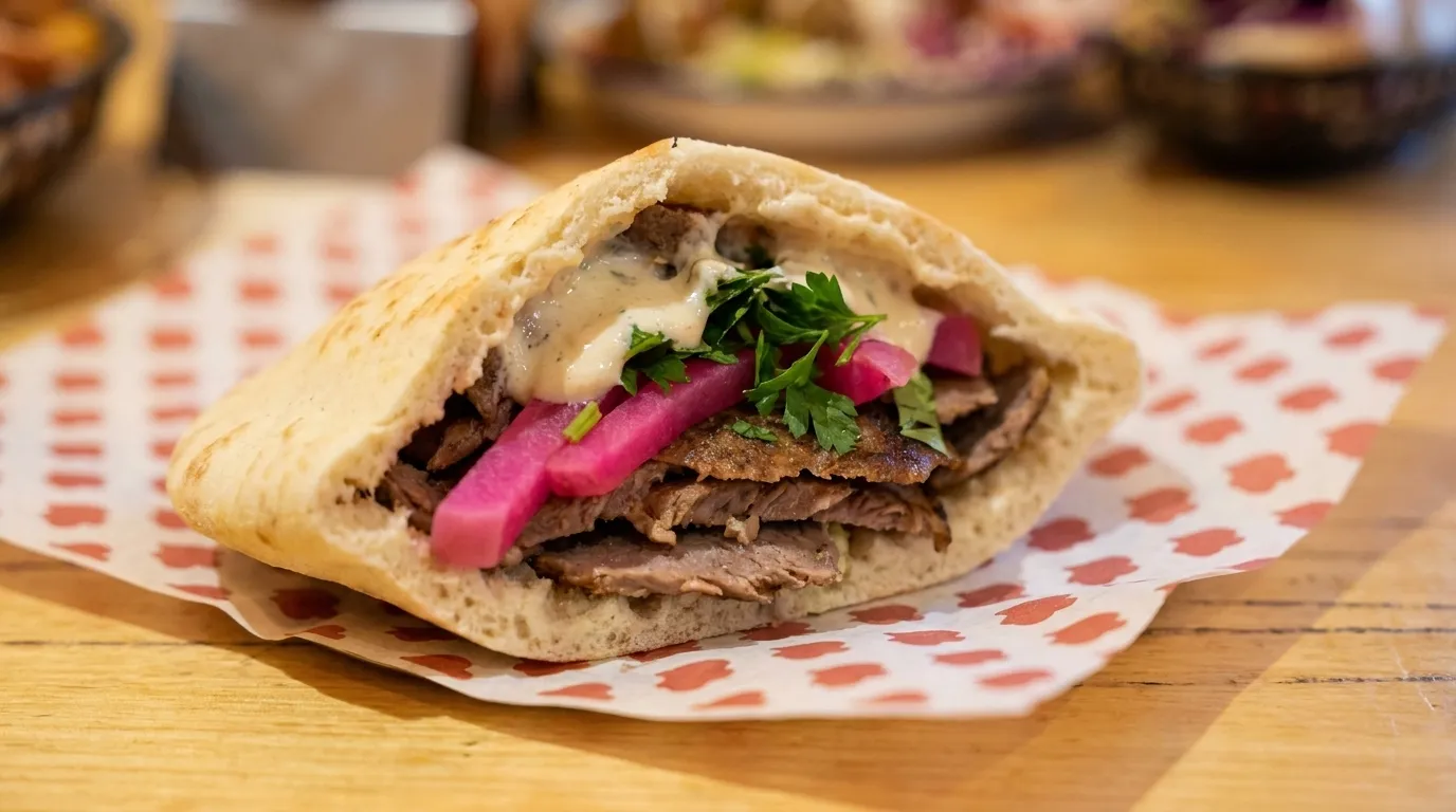 A close view of a stuffed pita wrap cut in half on paper, layers of sliced meat, pickled turnip, herbs and garlic sauce visible in the cross-section