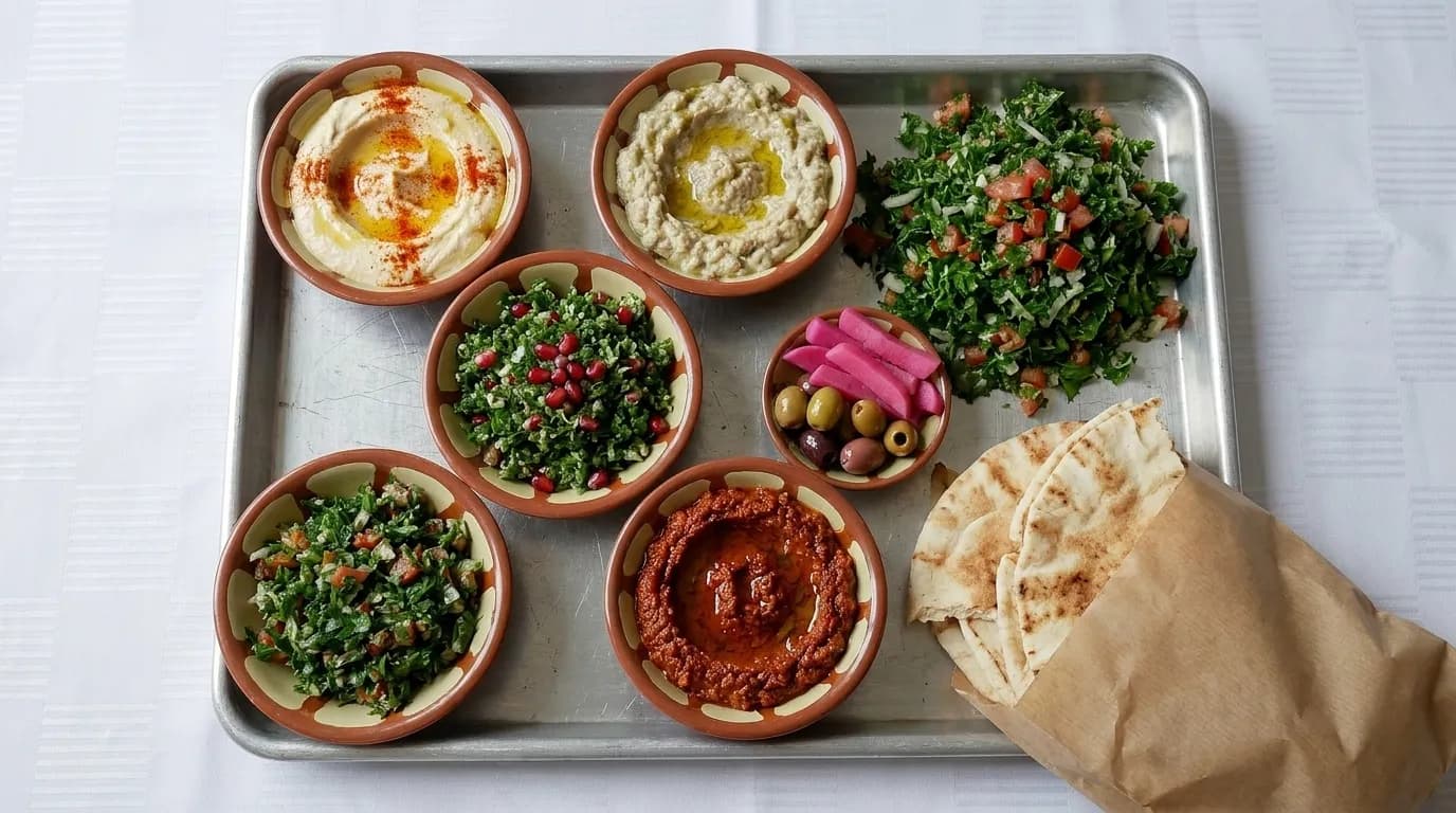 A tray of small dips and salads with flatbread stacked beside a plate of pickled vegetables